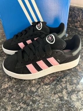 adidas Women’s Black Suede Sneakers with Pink Three Stripes